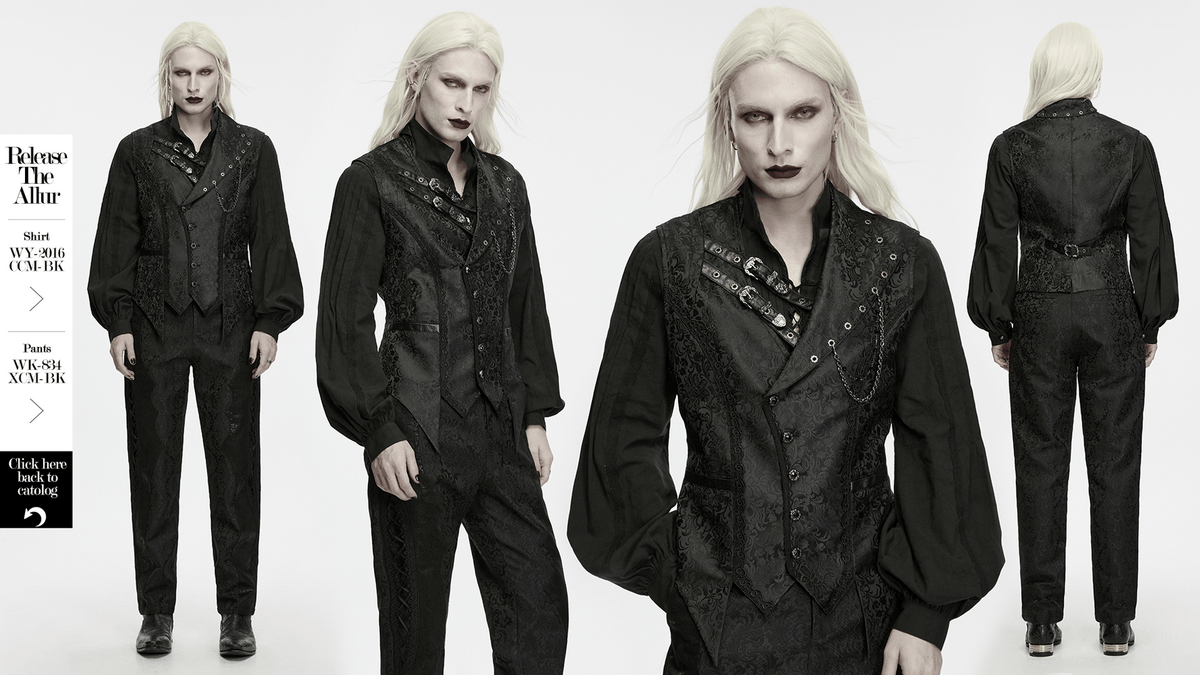 Elegant Gothic Jacquard Waistcoat with Buckle Straps, black Victorian steampunk vest with asymmetrical collar and chain details