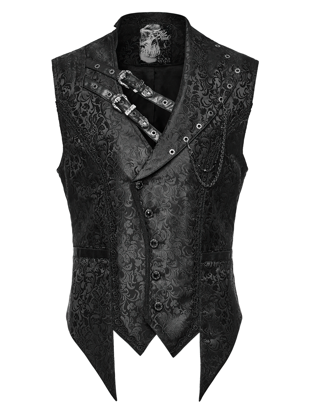 Elegant Gothic Jacquard Waistcoat with Buckle Straps, dark floral asymmetrical vest with pointed hem and chain detail