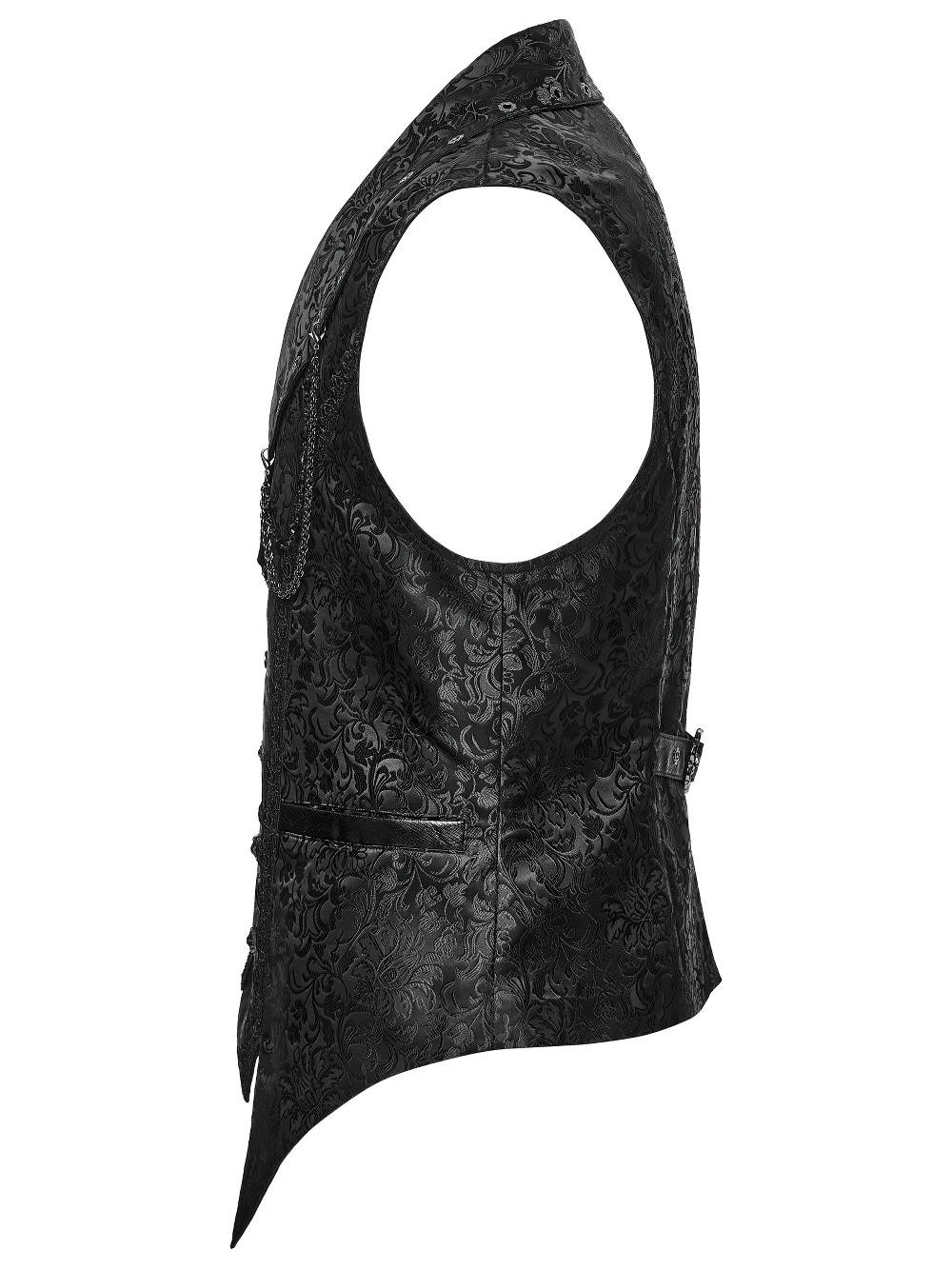 Elegant Gothic Jacquard Waistcoat with Buckle Straps, black asymmetrical Victorian steampunk vest with pointed hem