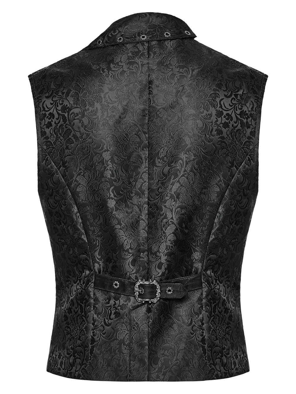 Elegant Gothic Jacquard Waistcoat with Buckle Straps black floral pattern, asymmetrical collar, Victorian steampunk style