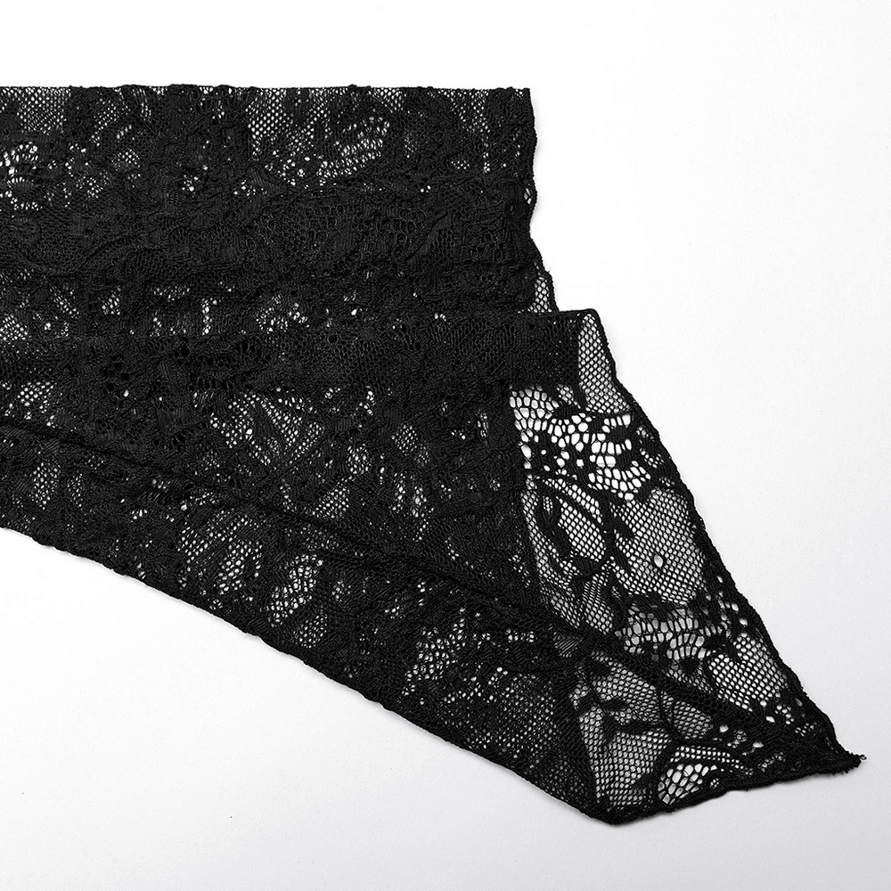 Elegant black lace fabric with intricate floral patterns, perfect for gothic style designs.