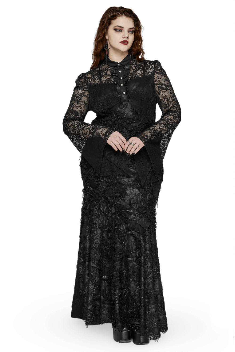 Elegant Gothic long sleeve black dress with lace and knit detail, perfect for a dramatic look.