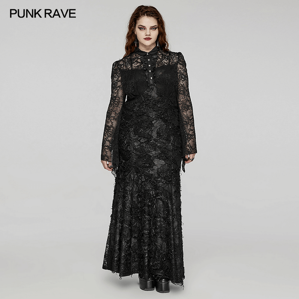 Elegant Gothic long sleeve black dress with lace and knit details, embodying beauty and dark style.