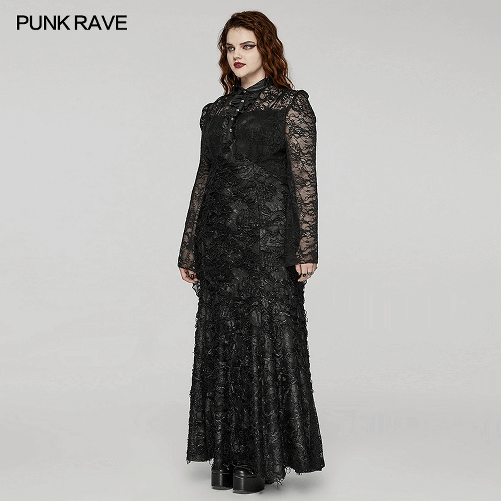 Elegant gothic black lace and knit long sleeve maxi dress showcasing a classic shirt placket design.