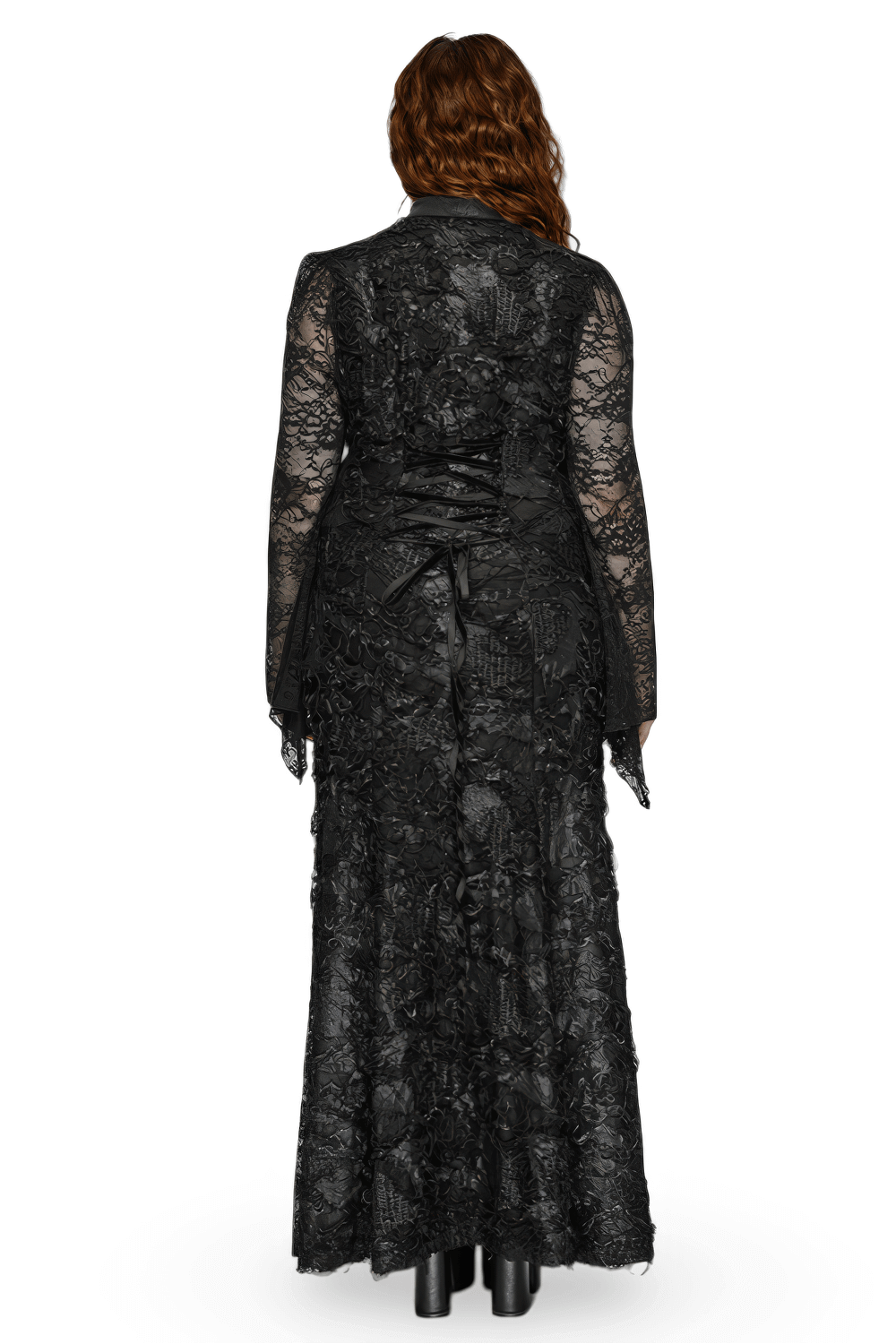 Elegant Gothic black maxi dress, showcasing intricate lace and knit fabric from the back, featuring long sleeves and a stylish drawstring.