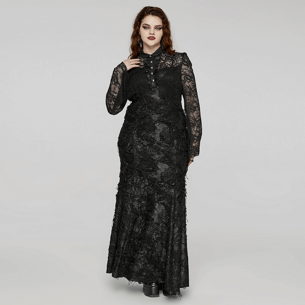 Elegant Gothic lace and knit long sleeve black dress, featuring a tattered design and classic front placket.