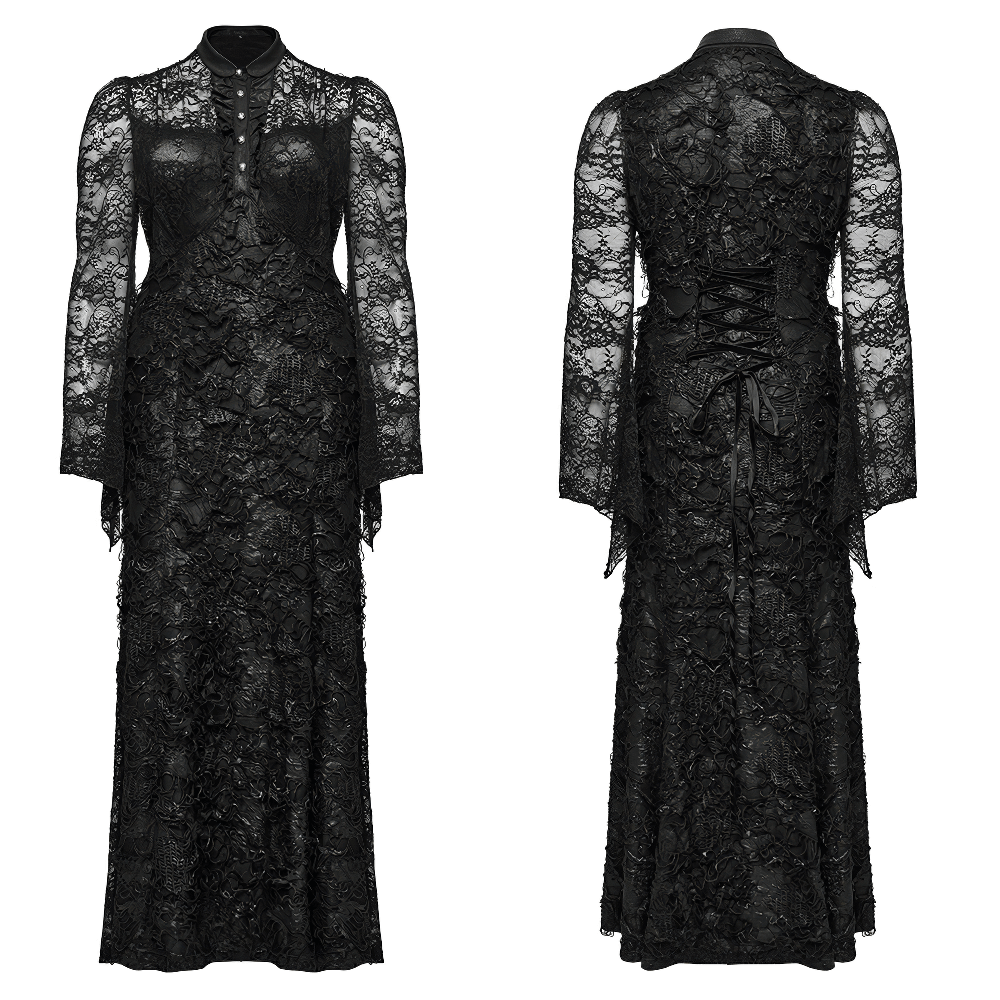 Elegant Gothic black lace maxi dress with long sleeves and intricate tattered fabric details.