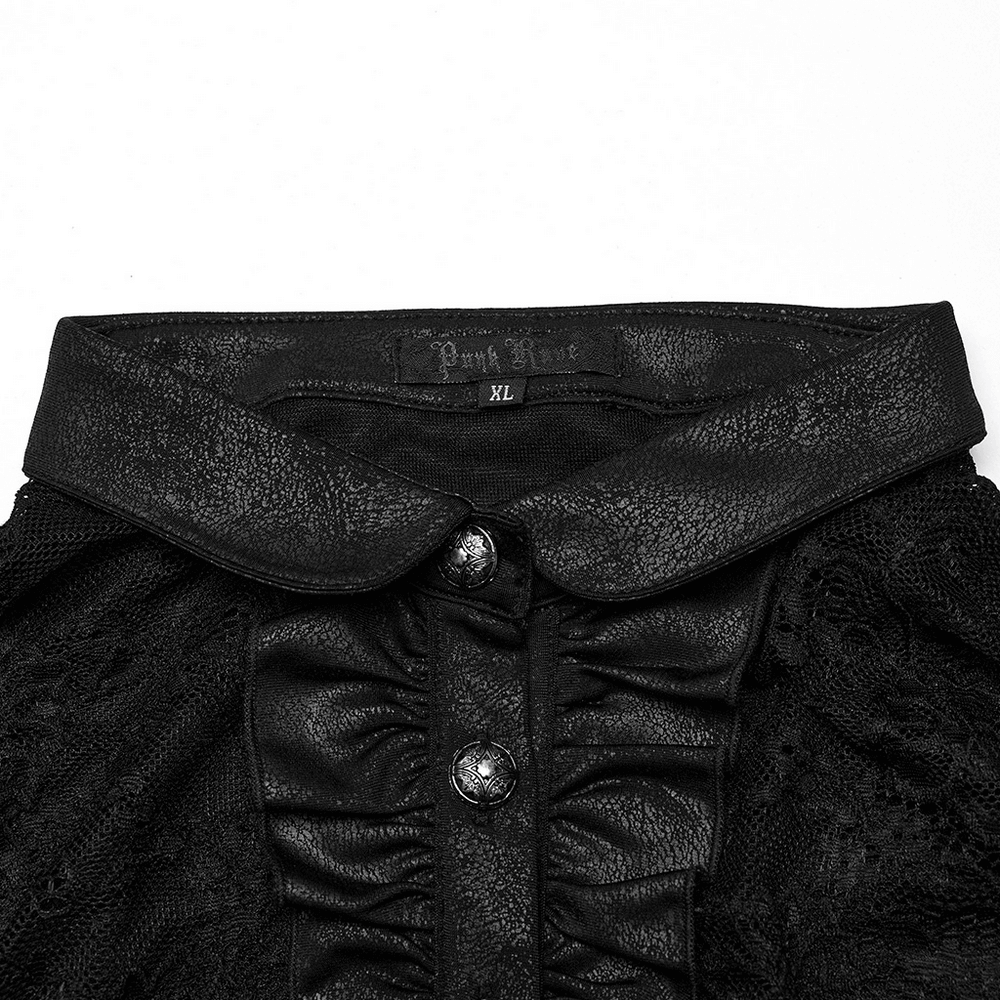 Close-up of the elegant Gothic black dress collar with lace and ruffled details, showcasing a classic style.