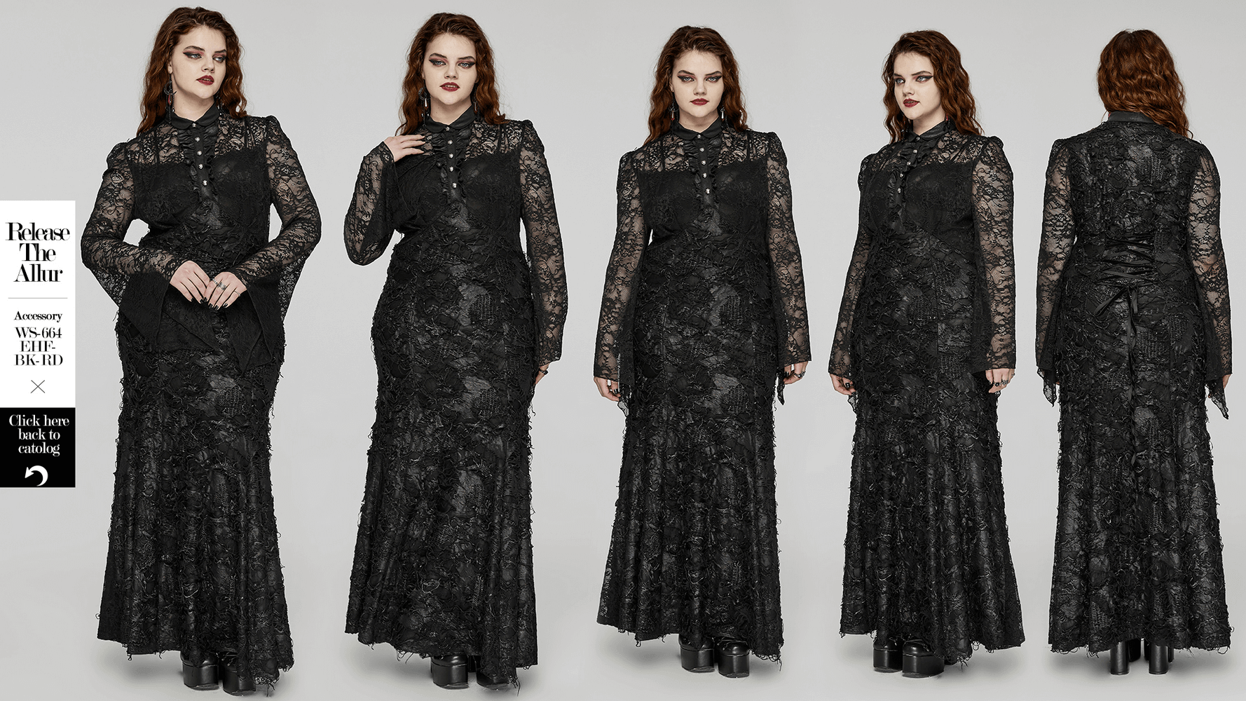 Elegant Gothic lace and knit long sleeve black maxi dress featuring a classic placket and adjustable drawstring.