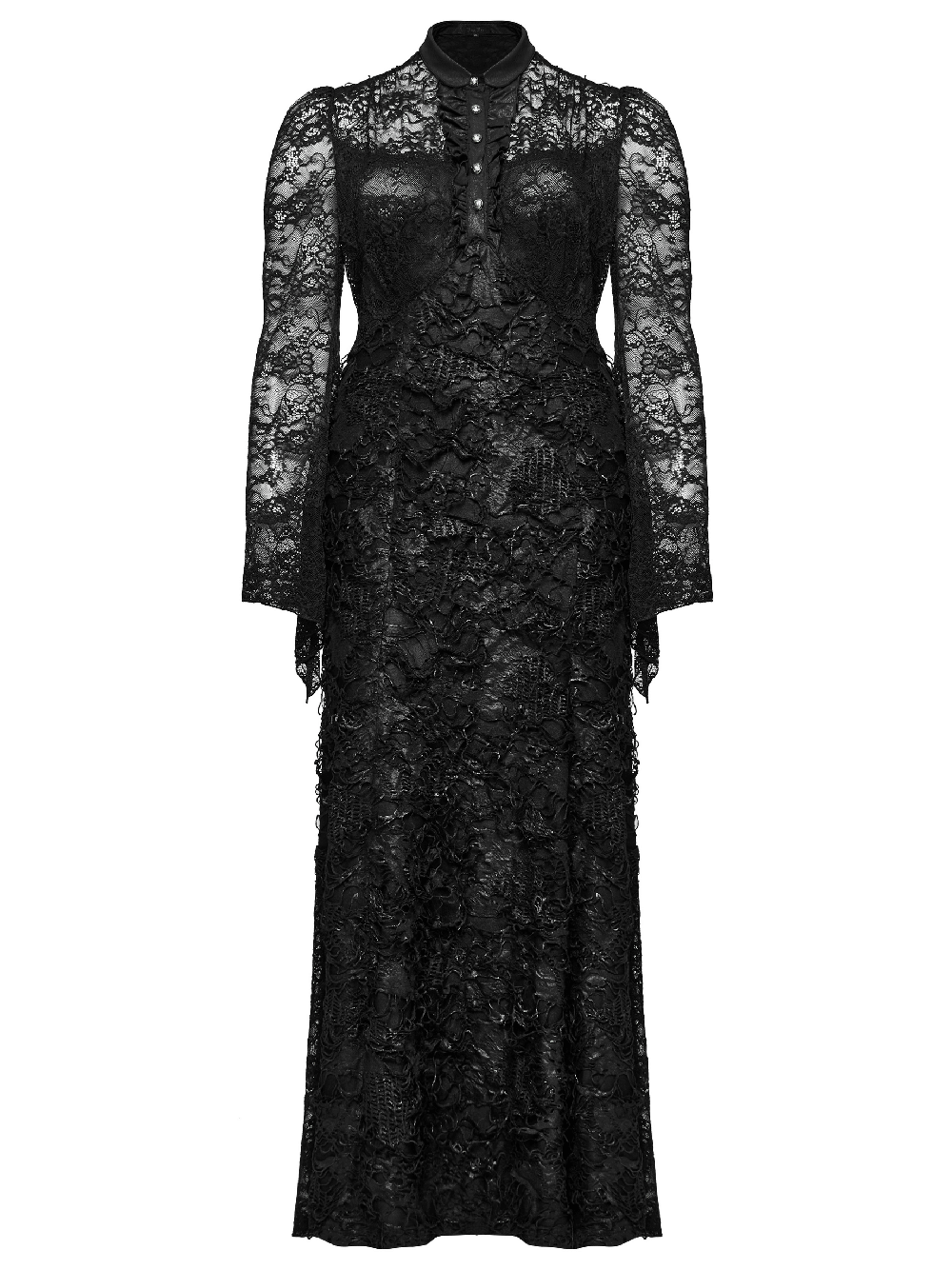 Elegant Gothic lace and knit long sleeve black dress with front placket and adjustable drawstring.