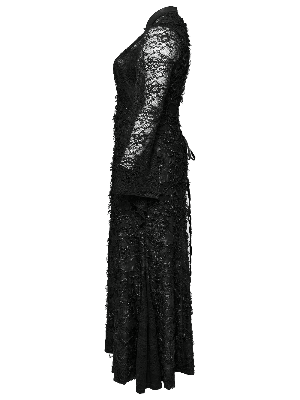 Elegant Gothic black lace maxi dress showcasing long sleeves and tattered knit design for a classic yet edgy look.