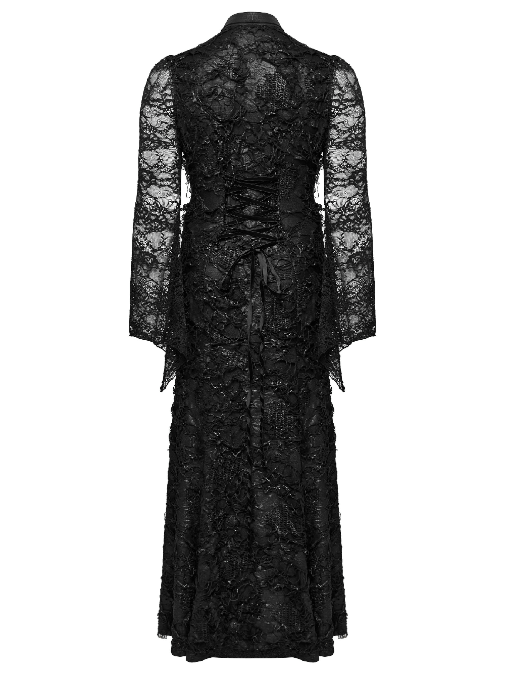 Elegant black lace long sleeve dress with a stylish back design and adjustable drawstring waist, perfect for gothic fashion lovers.
