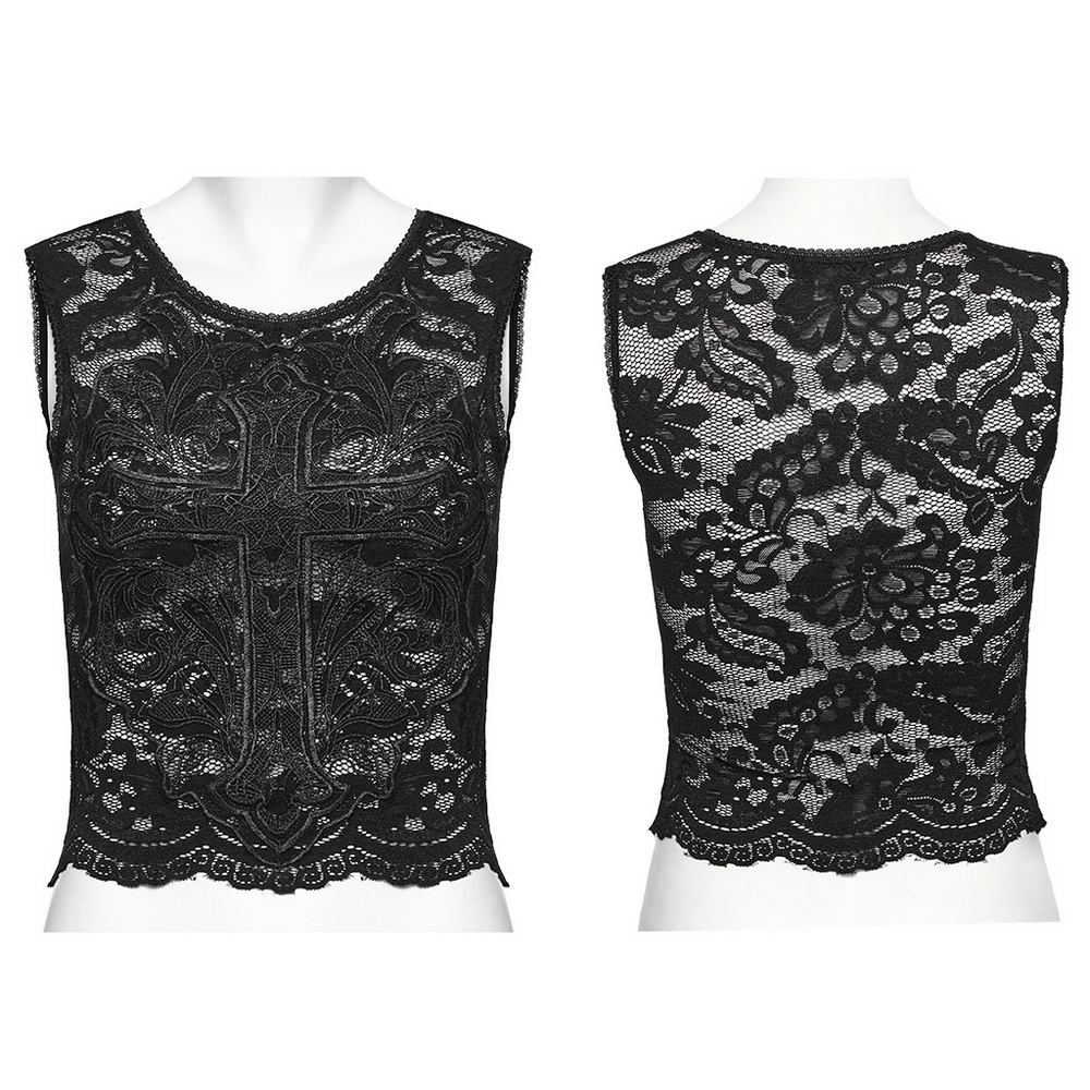 Elegant Gothic Lace and Mesh Tank Top With Cross