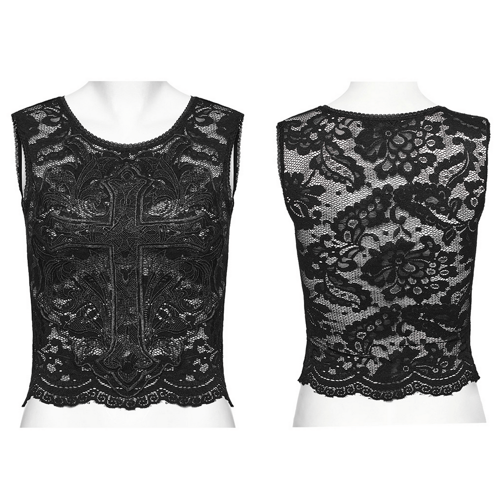 Elegant black gothic lace tank top with intricate cross embroidery and mesh back, perfect for a dark romantic look.