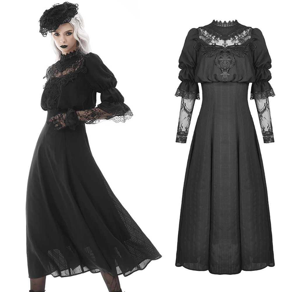 Elegant Gothic black lace bustier dress with sheer sleeves and flowing maxi skirt, perfect for special occasions.