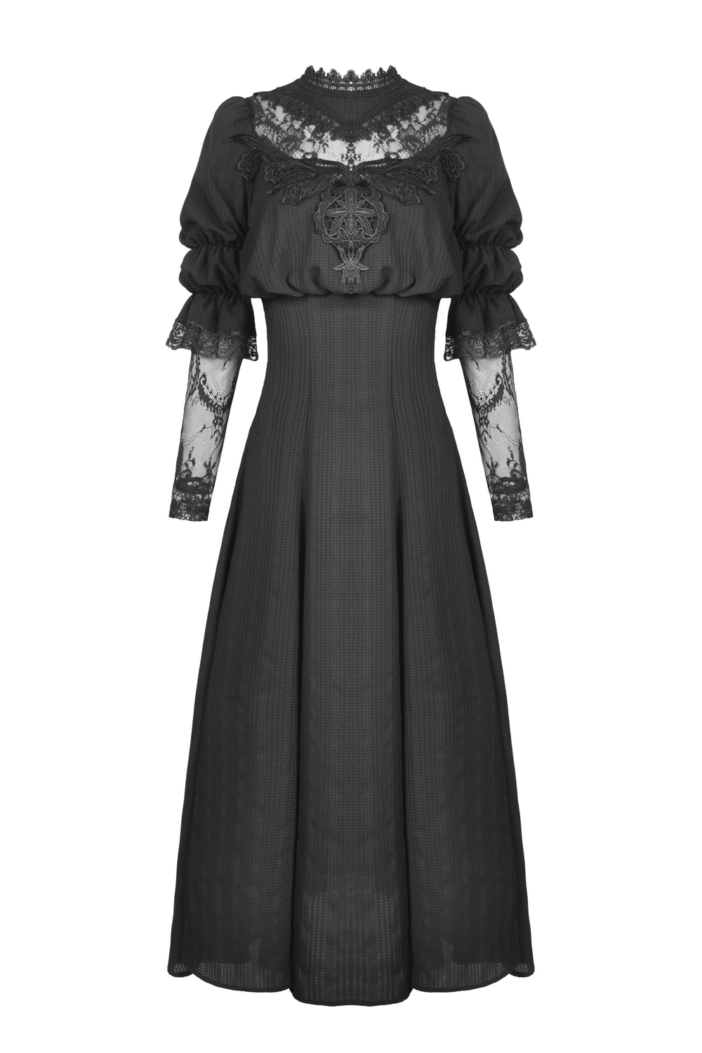 Elegant Gothic lace bustier dress with maxi skirt and sheer lace sleeves, perfect for a hauntingly beautiful night out.