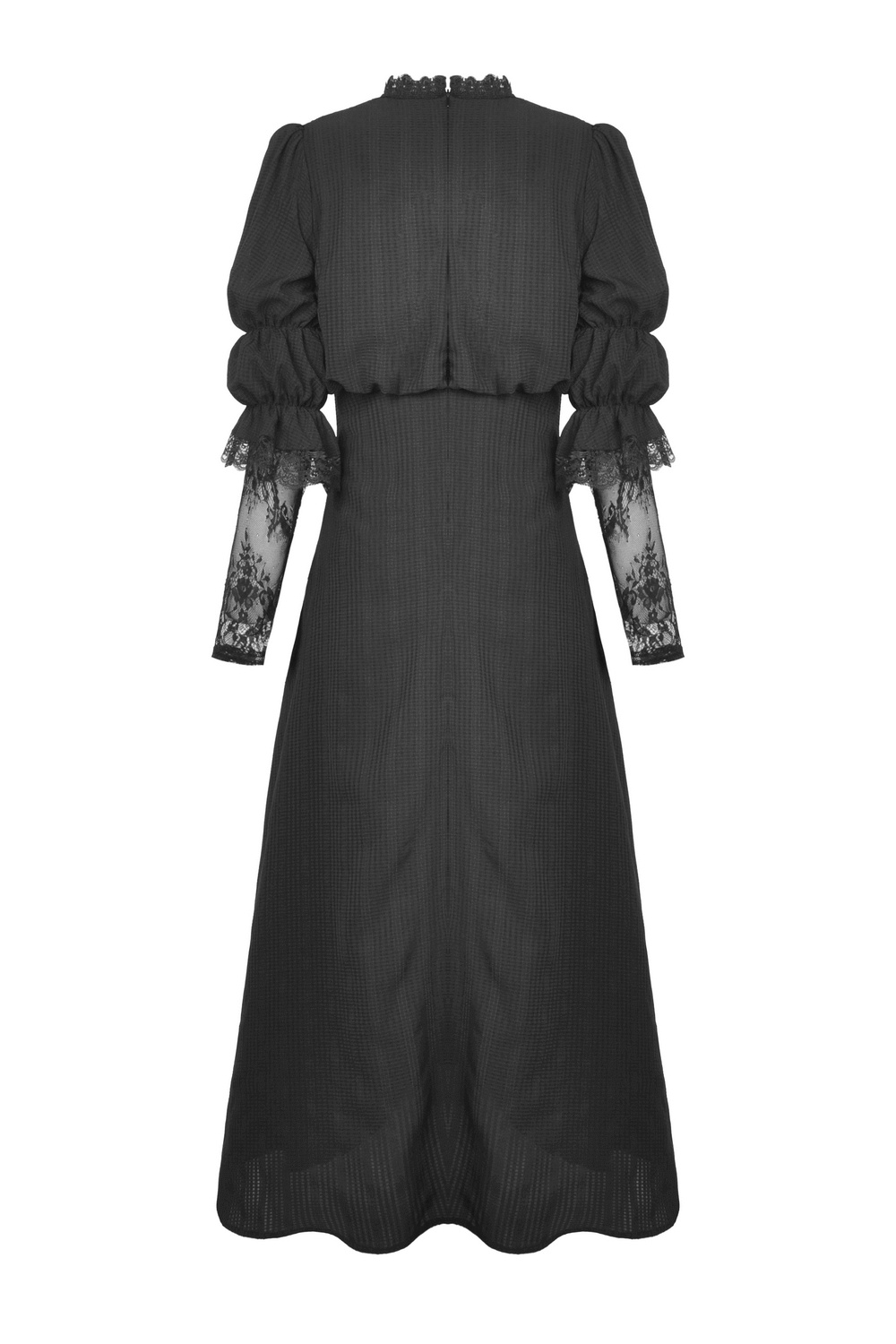 Elegant Gothic lace dress with puff sleeves and cutout detail, flowing maxi skirt and intricate lace accents.