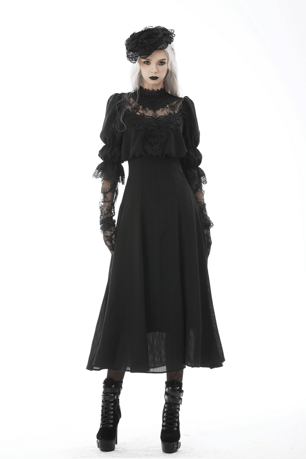Elegant Gothic lace bustier dress with flowing maxi skirt and sheer lace sleeves, perfect for dark angel vibes.