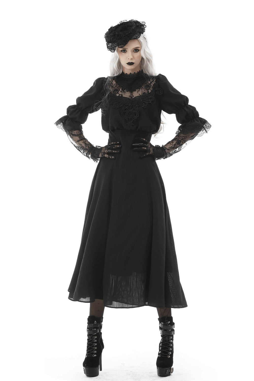 Elegant Gothic lace dress with sheer sleeves and dramatic details, perfect for a hauntingly beautiful look.
