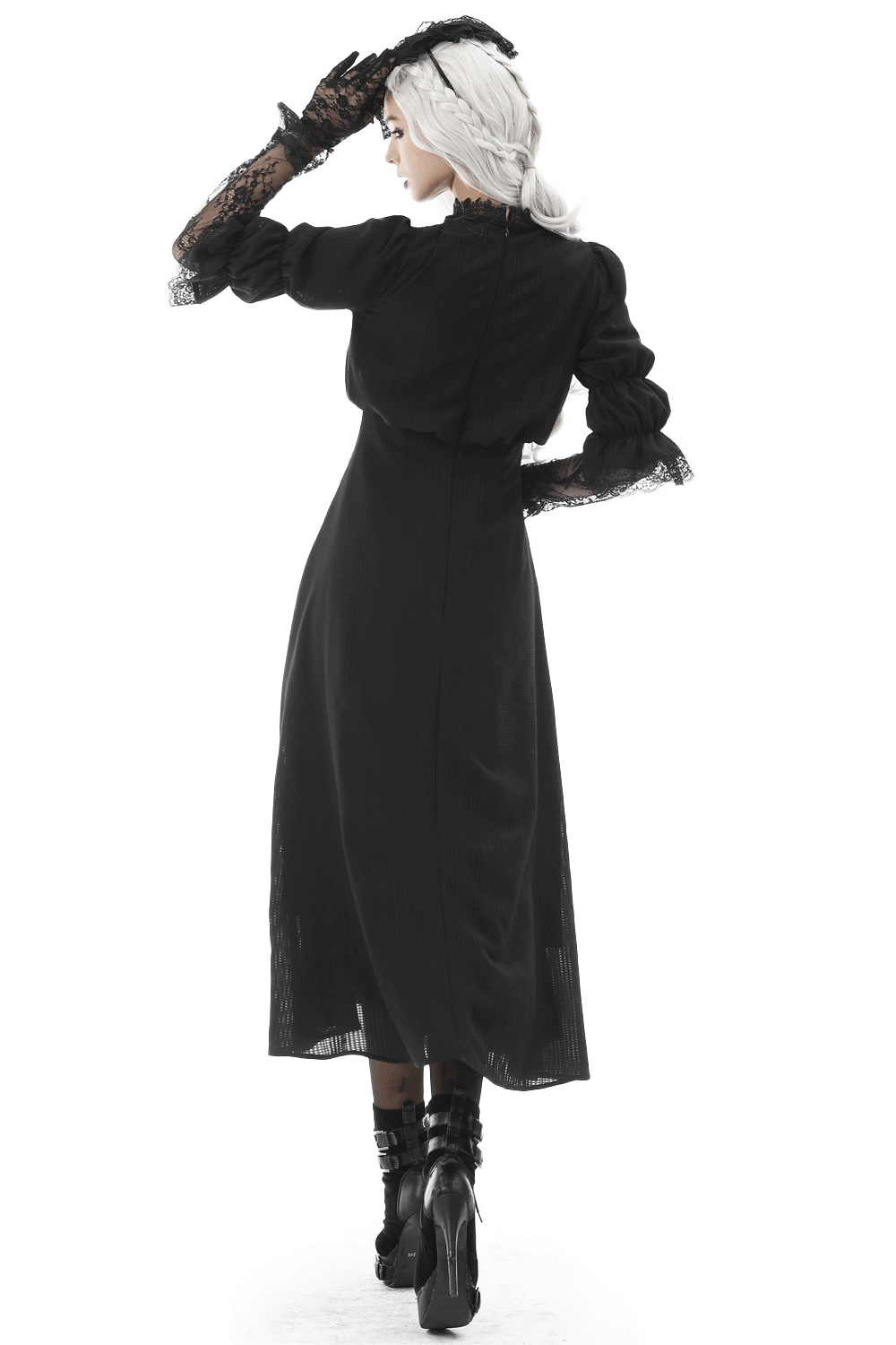 Elegant black gothic lace dress with maxi skirt, sheer lace sleeves, and dramatic cutout. Perfect for special occasions.