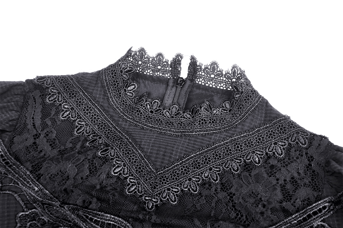 Elegant Gothic black lace bustier dress neckline with intricate detailing and sheer lace elements.