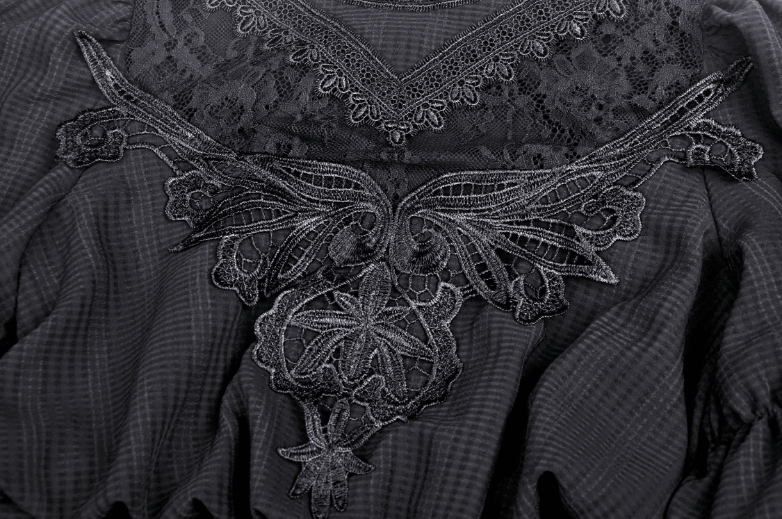 Elegant black lace detailing on a gothic-style dress showcasing intricate embroidery and a stunning design.