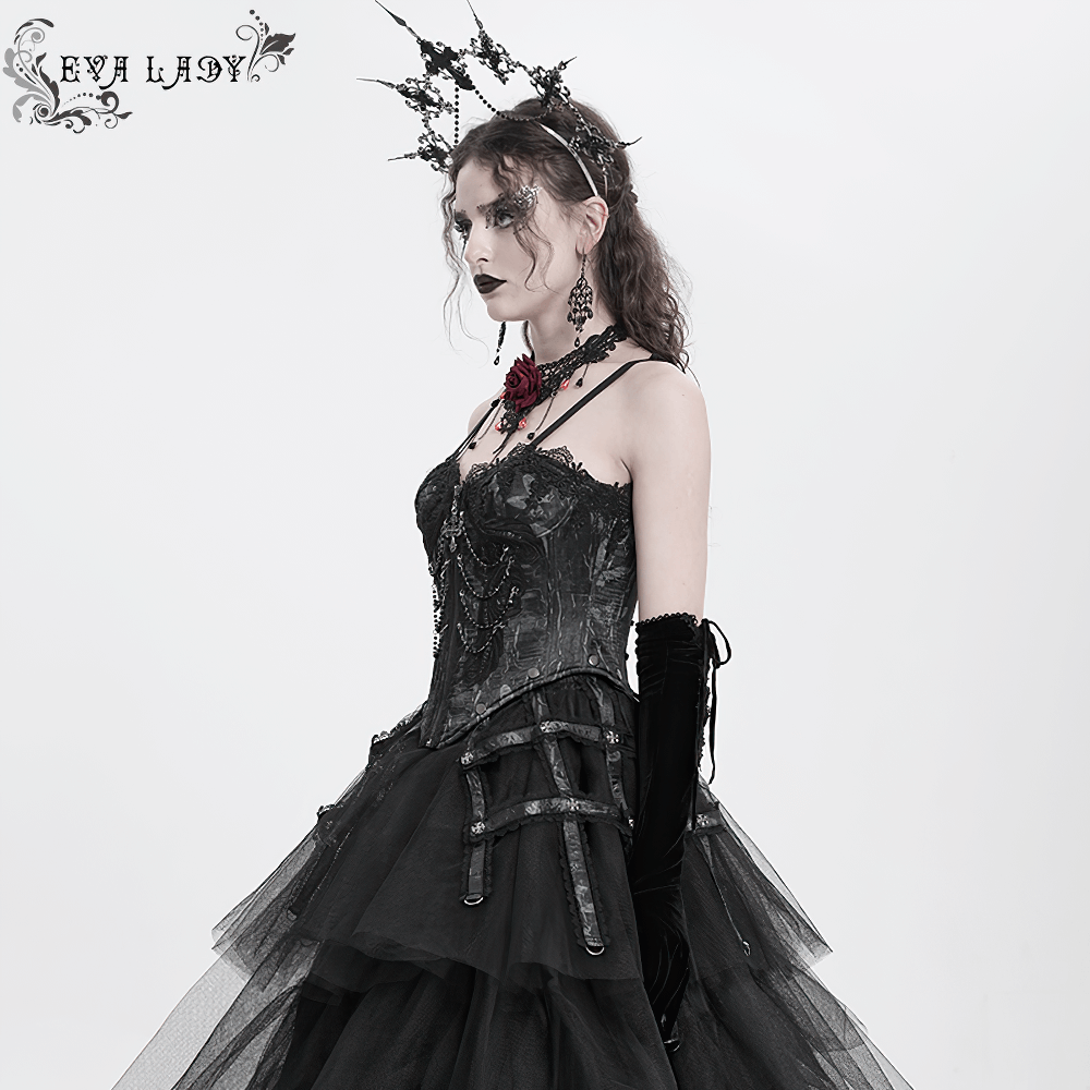 Elegant gothic-inspired dress with lace details, dramatic tulle skirt, and statement accessories.