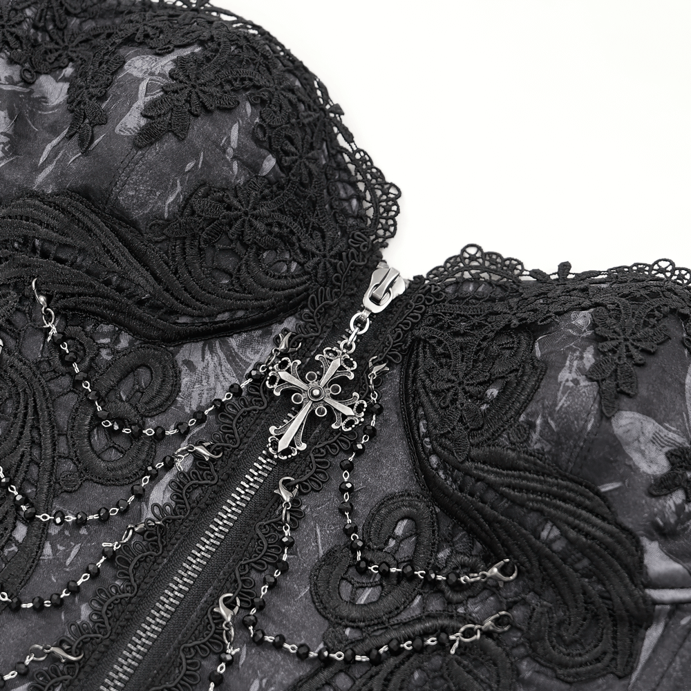 Elegant Gothic lace corset featuring cross pendant, lace trim, and cascading black chains for a Victorian punk look.
