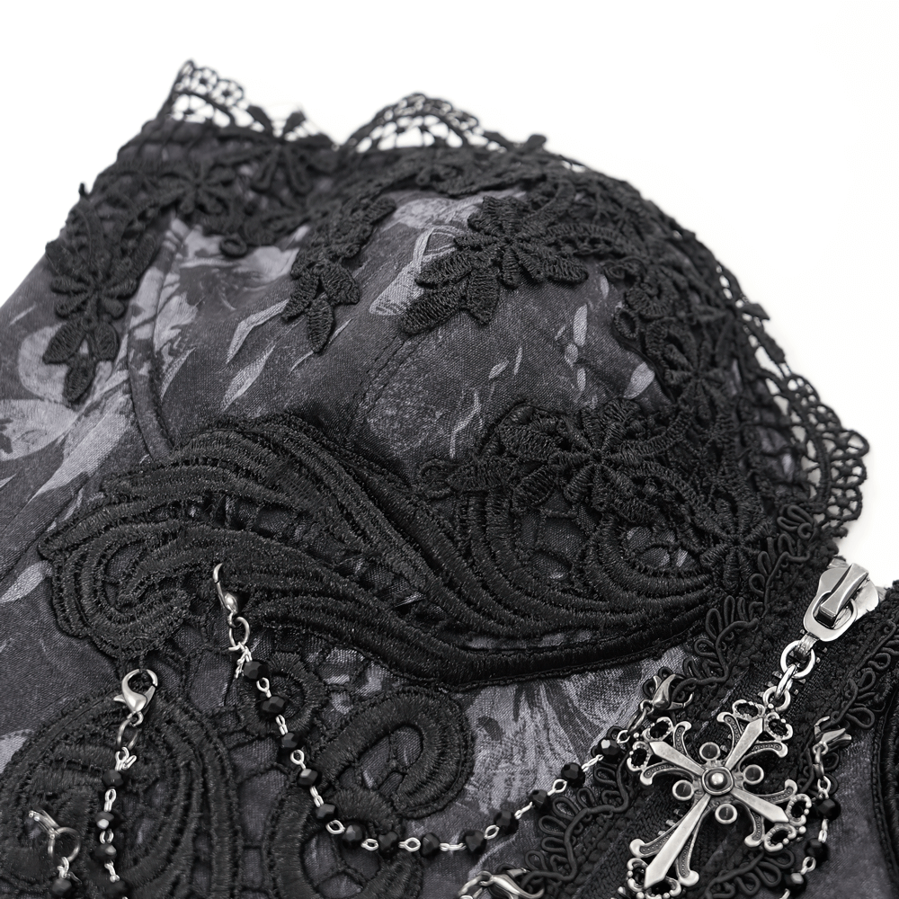 Elegant Gothic lace corset with chains, cross pendant, and intricate black lace detailing.