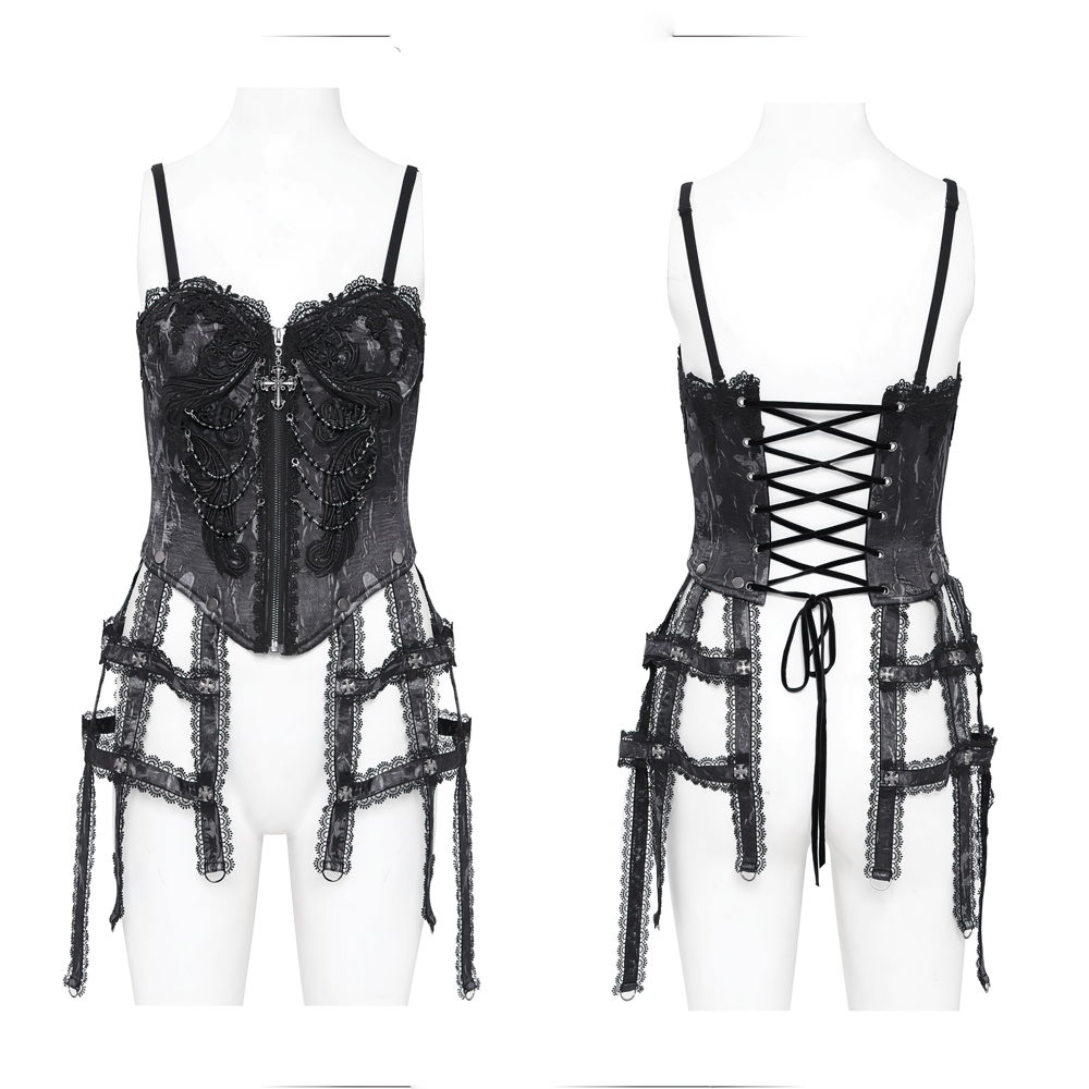 Elegant Gothic lace corset featuring chains, garter straps, and cross pendant, perfect for Victorian punk fashion.