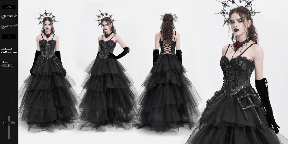 Elegant gothic corset dress with tulle layers, lace detailing, and dramatic accessories for a Victorian punk look.