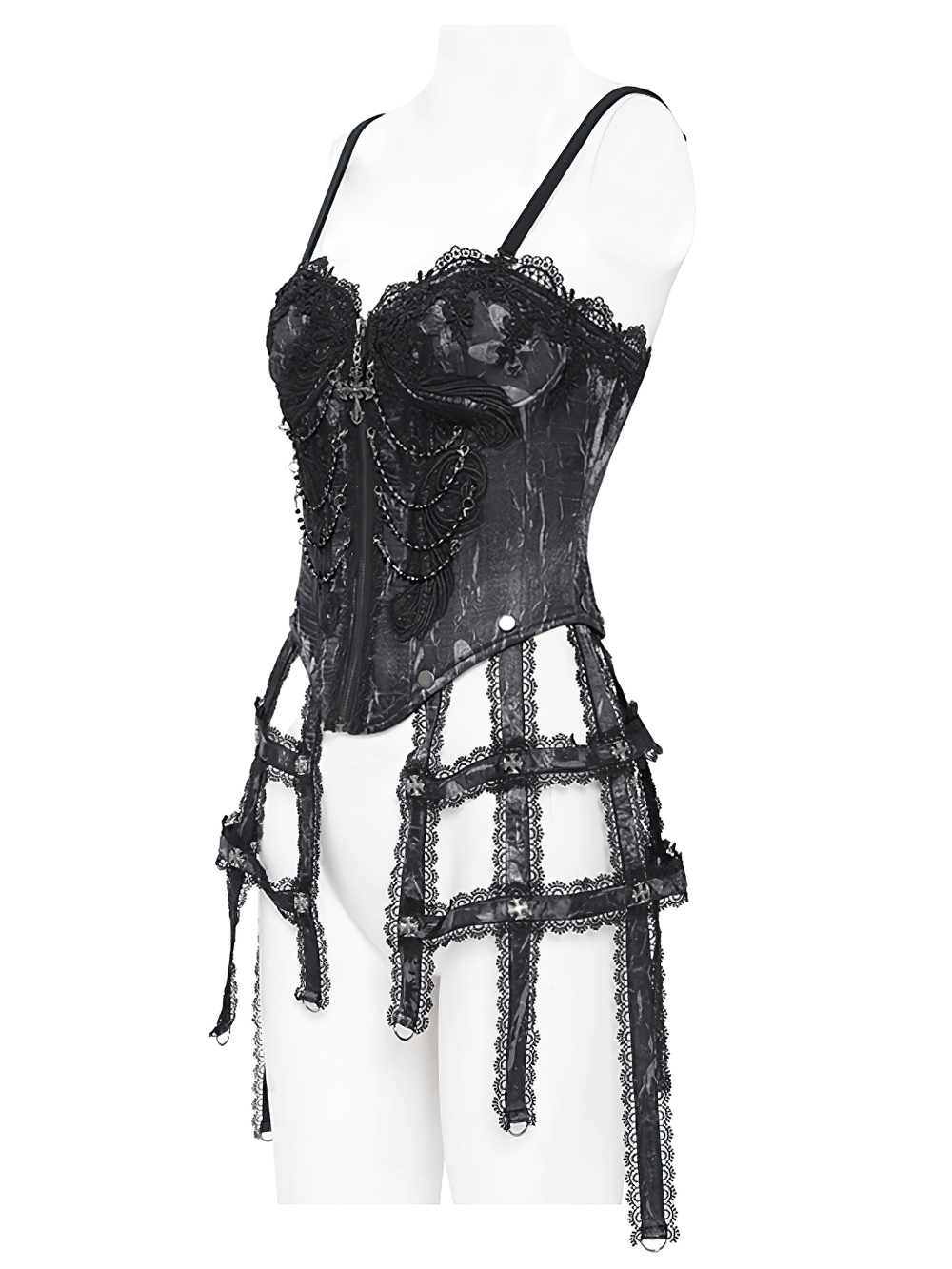 Elegant gothic lace corset featuring chains, garter straps, and cross pendant detail, perfect for Victorian punk fashion.