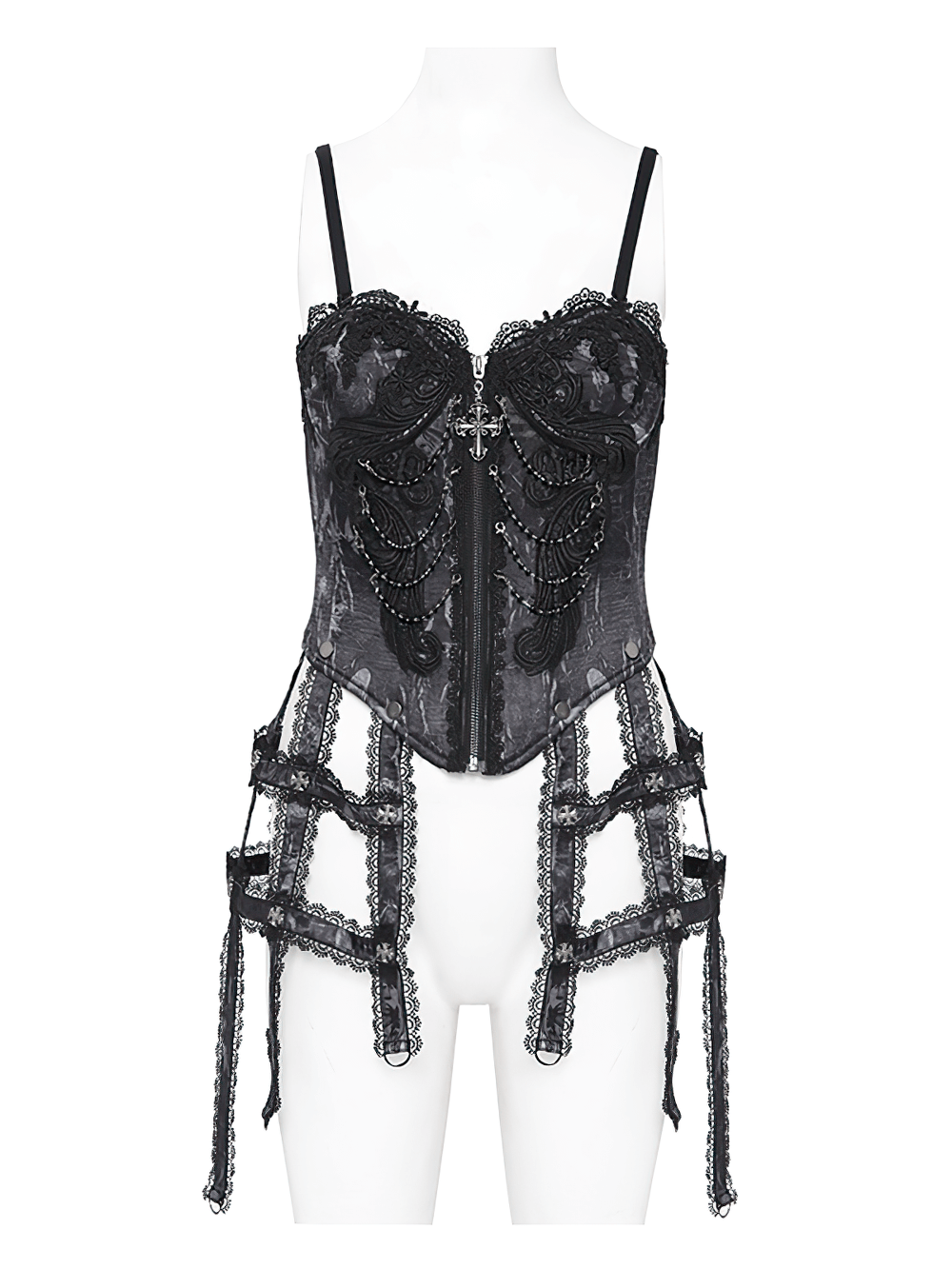 Elegant gothic lace corset with chains and garter straps, featuring a cross pendant and dramatic lace trim.