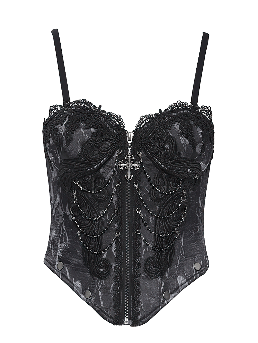 Elegant Gothic lace corset with chains, cross pendant, and lace trim for a punk Victorian look.