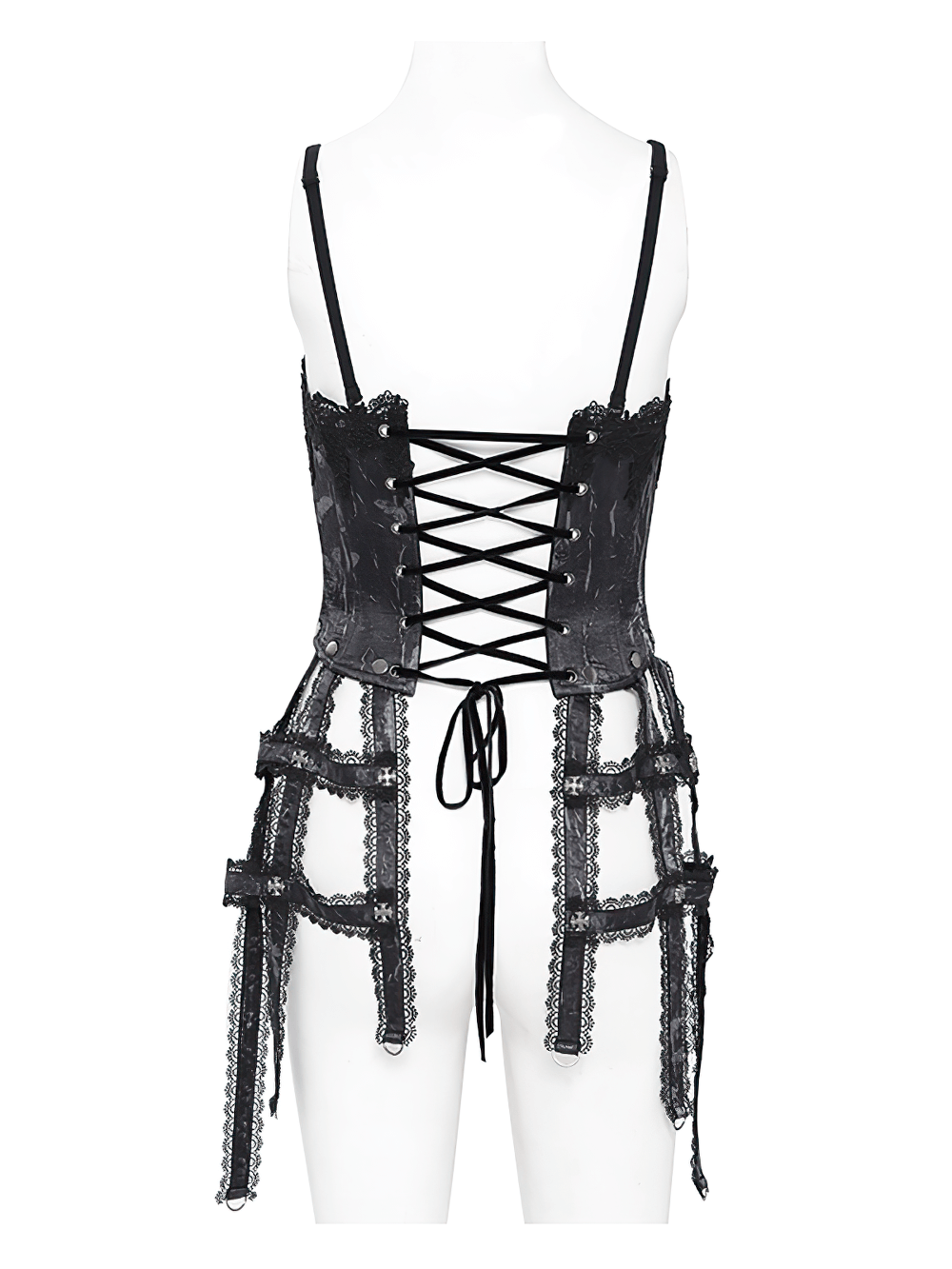 Elegant gothic lace corset with chains and garter straps, featuring lace-up back and adjustable shoulder straps.