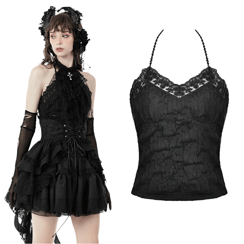 Elegant Gothic lace crinkle camisole in black, showcasing Victorian-inspired design and flattering silhouette.