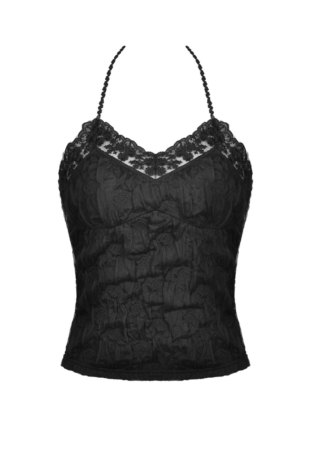 Elegant black lace crinkle camisole with intricate rose lace trim for a dark romantic look.