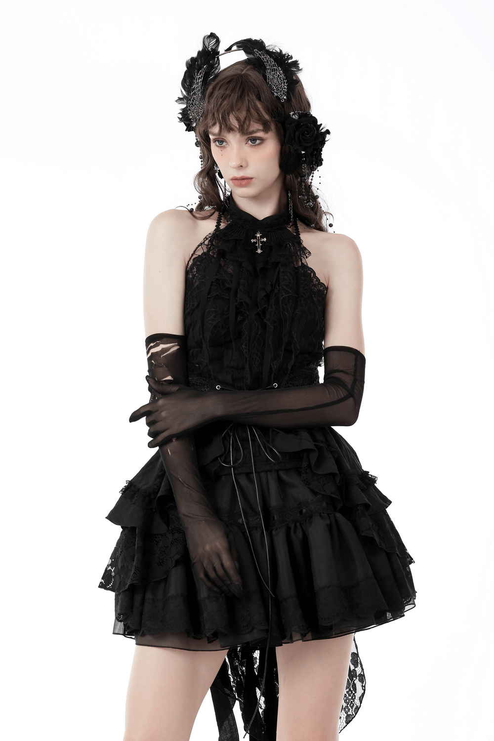 Elegant Gothic lace camisole with layered skirt, gloves, and dark hair accessories for a romantic look.