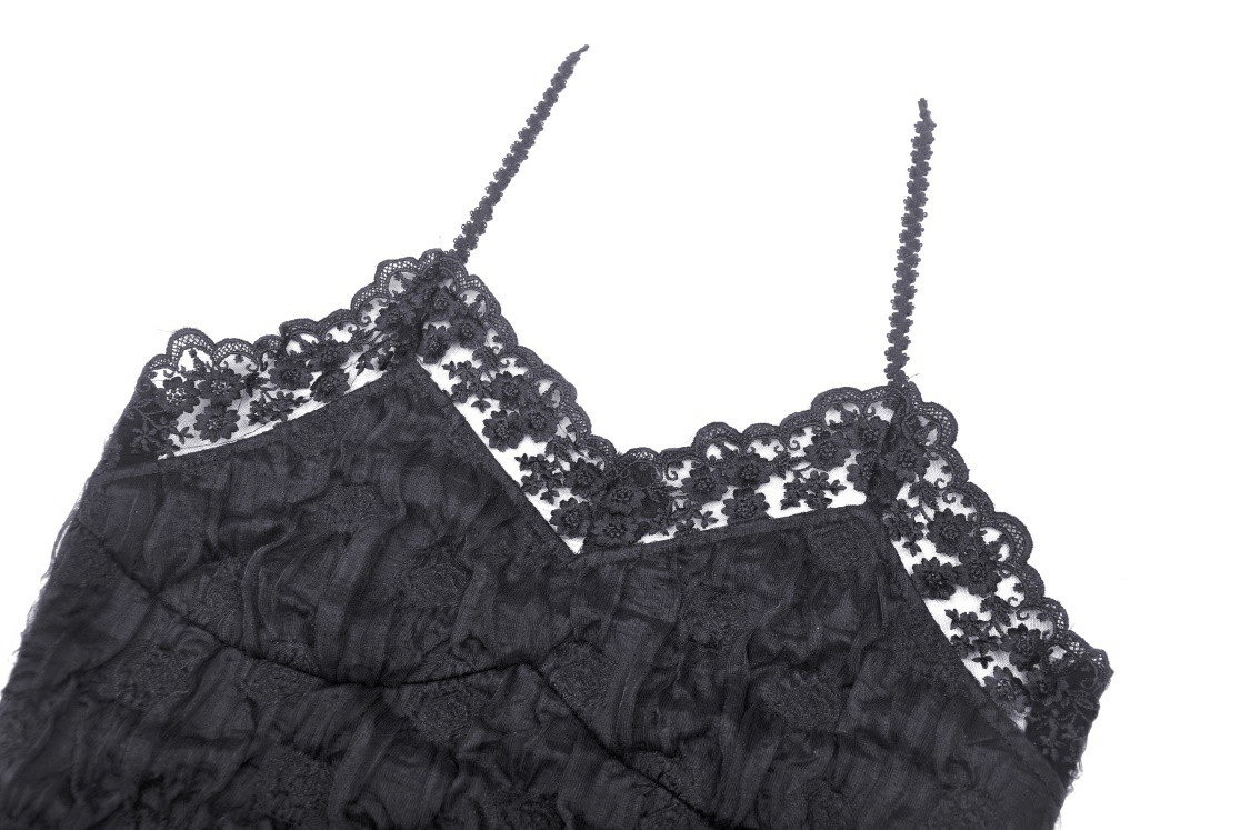 Elegant black lace camisole with rose lace trim and crinkle texture, perfect for dark romantic styles.