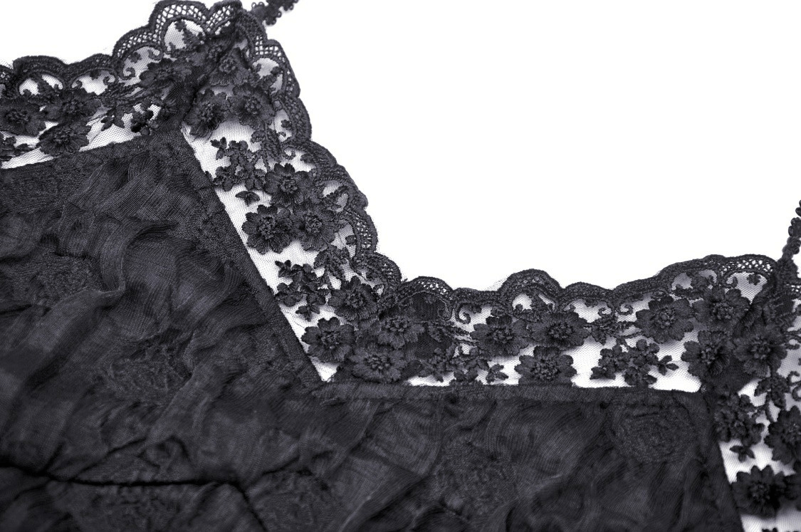 Elegant black lace camisole featuring intricate rose lace trim for a dark romantic look.