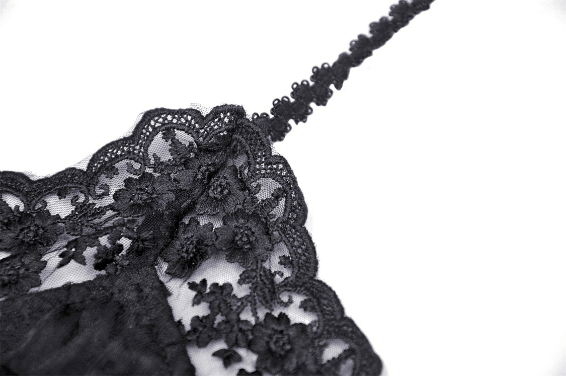 Elegant black lace camisole with intricate rose lace trim, perfect for dark romantic outfits and special occasions.