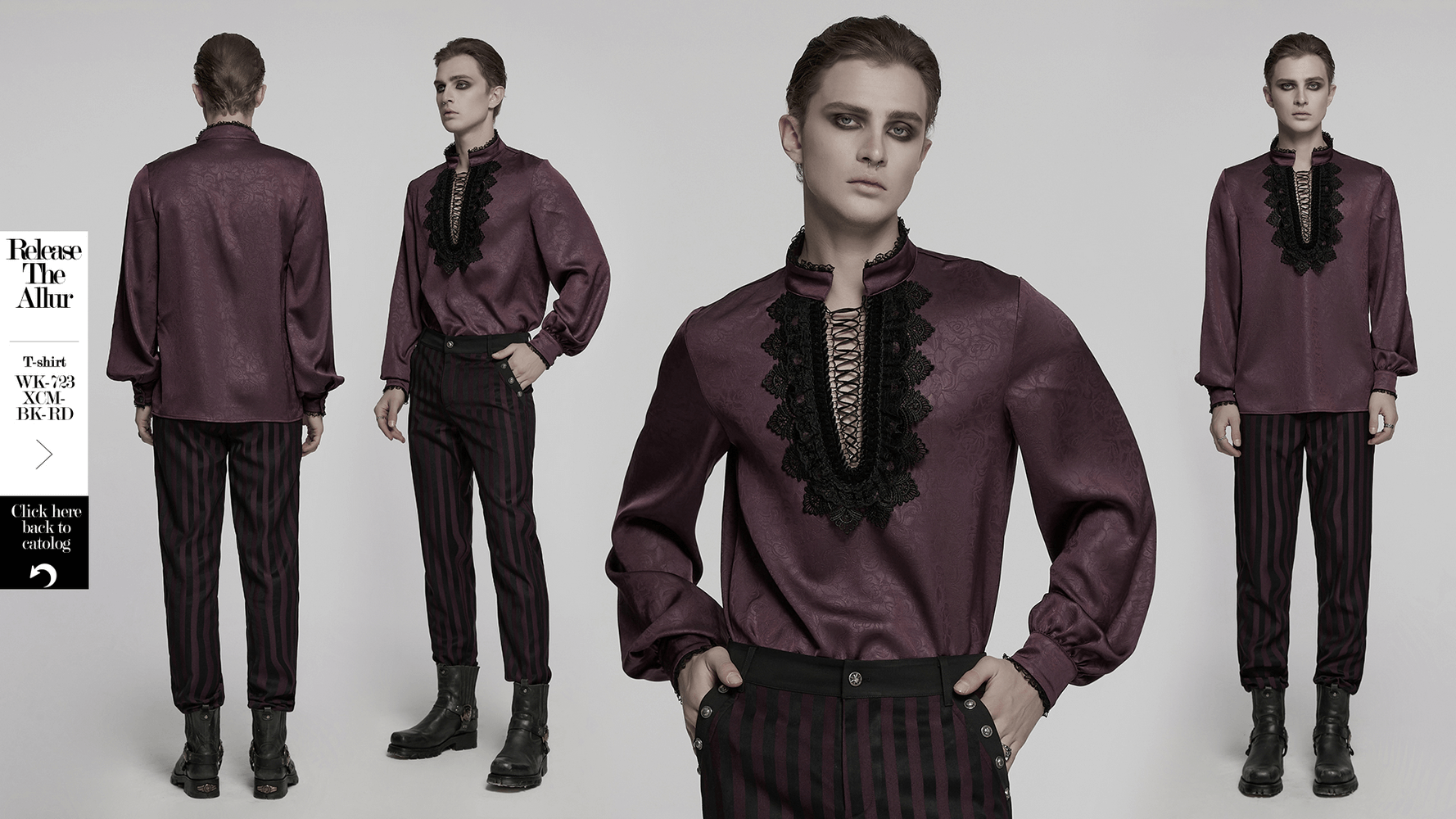 Elegant gothic shirt with lace detail and stand-up collar, styled with dark striped trousers and combat boots.