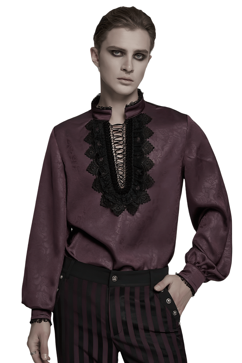 Elegant gothic shirt with lace and drawstring, featuring a stand-up collar and dark rose pattern.