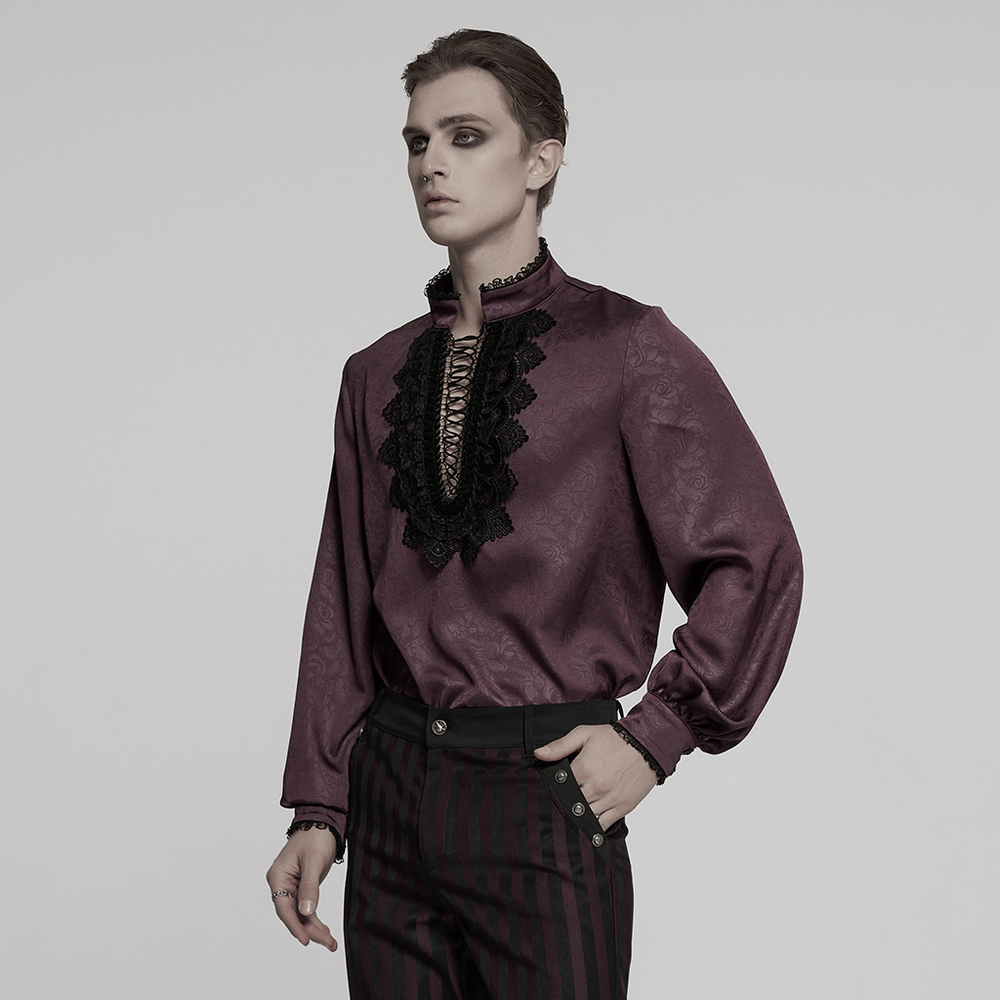 Gothic shirt with lace detail and stand-up collar, featuring a unique drawstring design in dark rose fabric.
