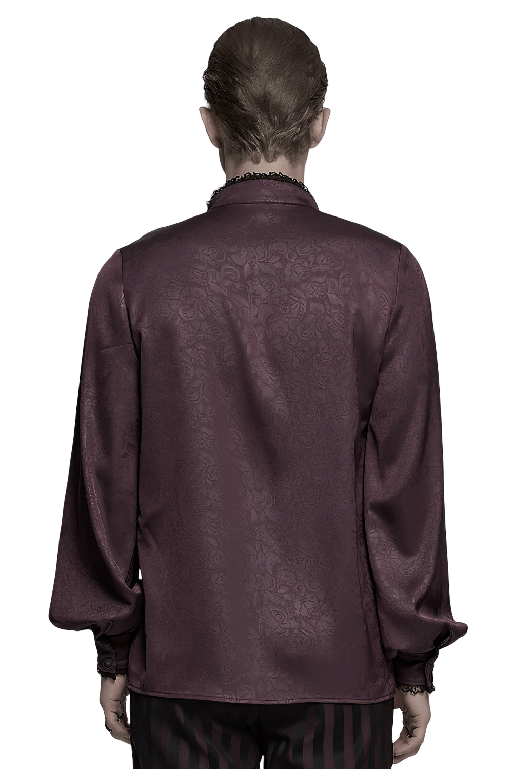 Back view of elegant gothic shirt in dark rose with lace collar and drawstring detail, perfect for edgy fashion.