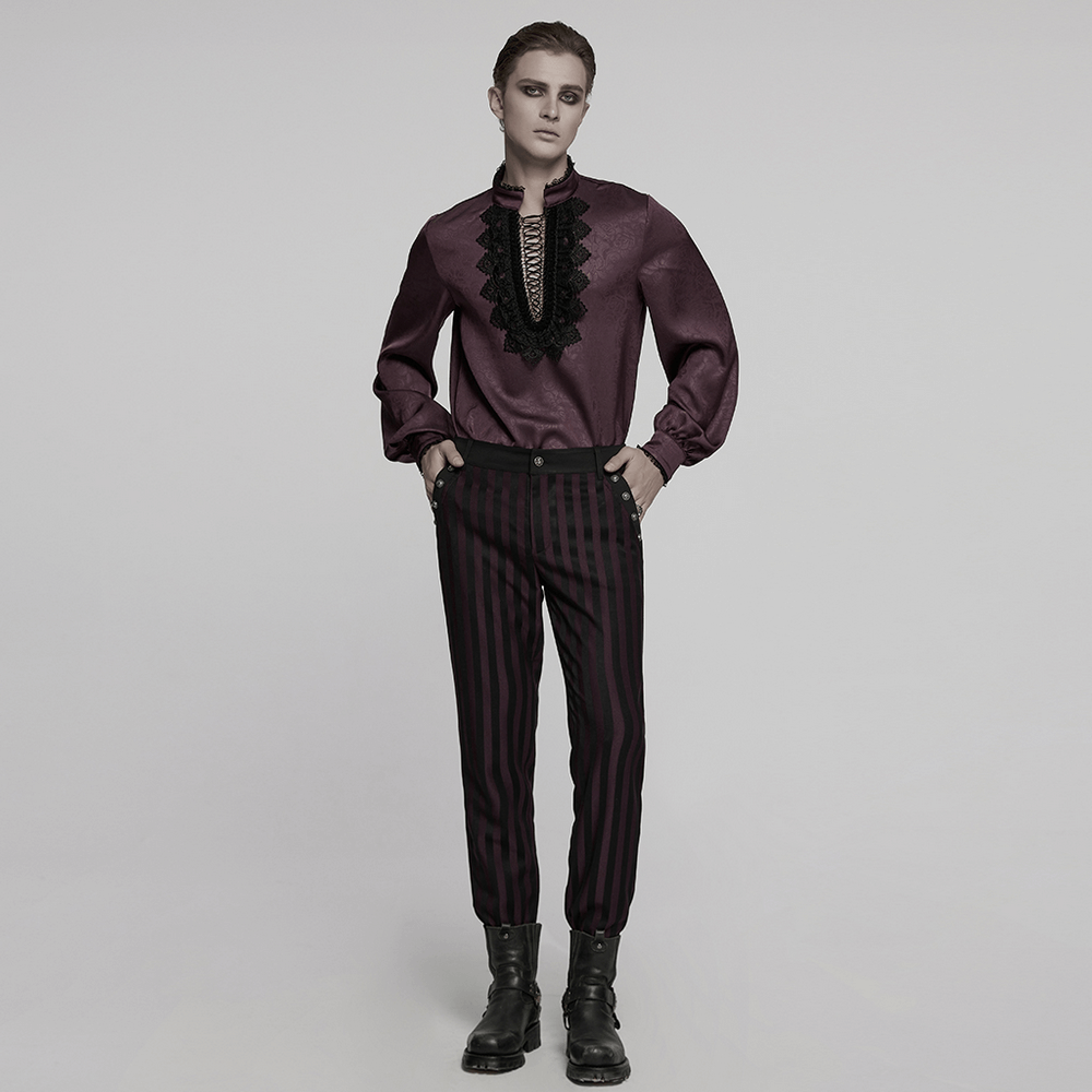 Elegant gothic lace detail shirt with stand-up collar and striped pants, showcasing a refined yet edgy style.