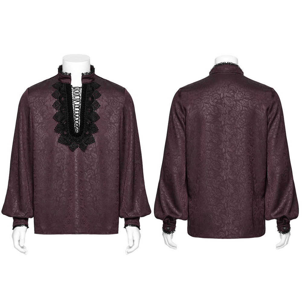 Elegant Gothic shirt with lace detail and stand-up collar in dark rose pattern, showcasing unique drawstring design.