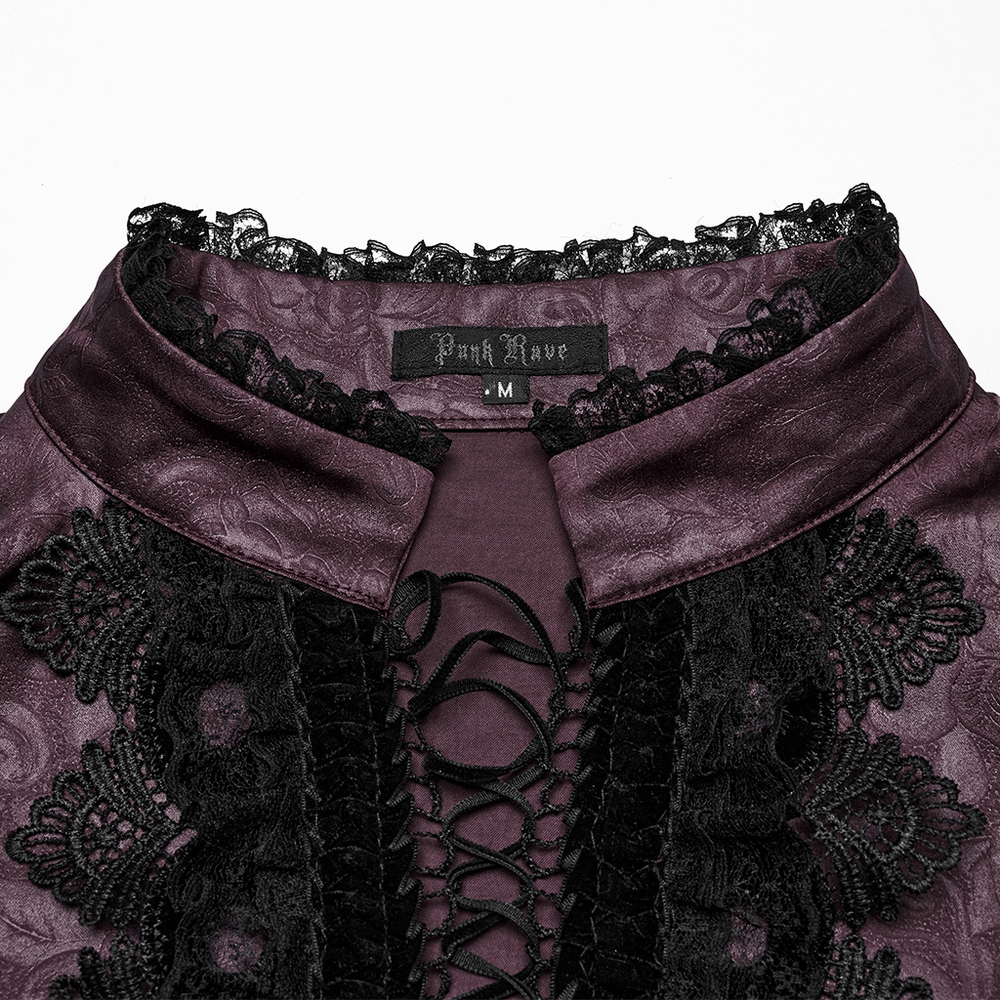 Elegant gothic shirt with stand-up collar and lace detail, featuring front drawstring in dark rose-patterned fabric.