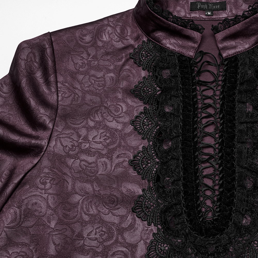Elegant gothic lace detail shirt with stand-up collar and drawstring in rich dark rose fabric.