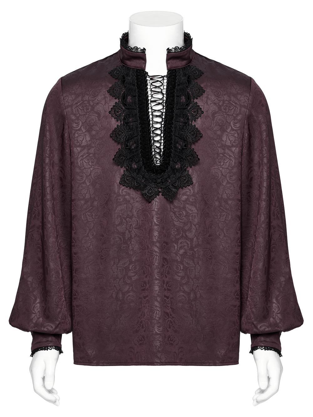 Elegant gothic lace detail shirt in dark rose with stand-up collar and drawstring design.